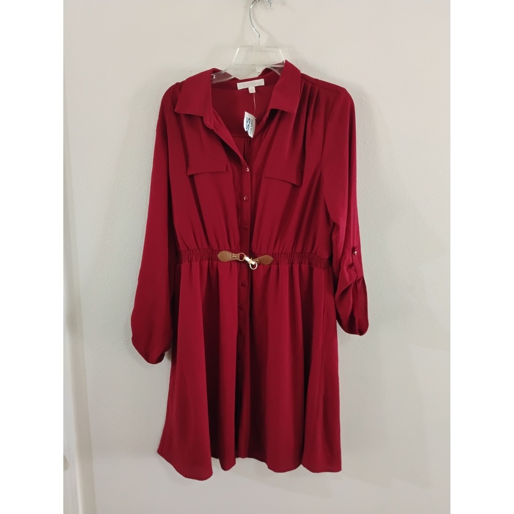 G Collection Burgundy Red Roll Tab Sleeve Belted Button Front Shirt Dress PXL